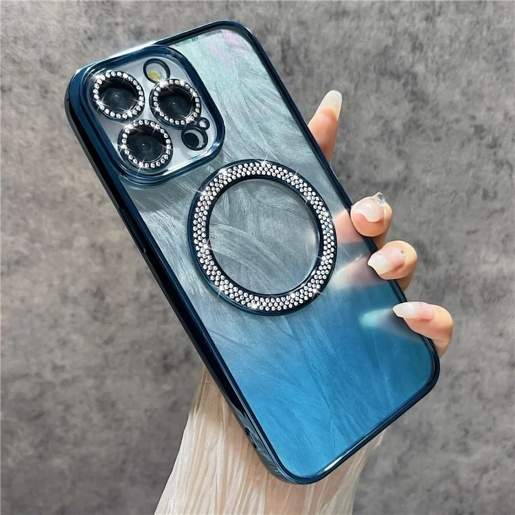 Pour Iphone 16 Pro Magretic Case Texture Feather Texture Bling TPU Sparkly TPU + PC Téléphone - Bleu Foncé