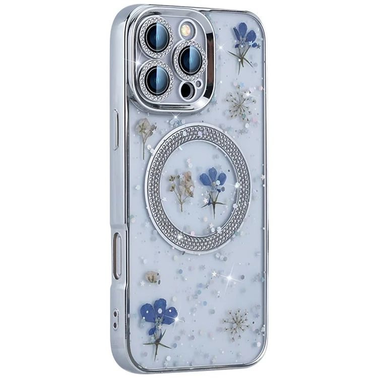 Para Iphone 16 Pro Max Magnetic Case PC+TPU Epoxy Real Seca Flower Cover Cover - Lobelia Erinus