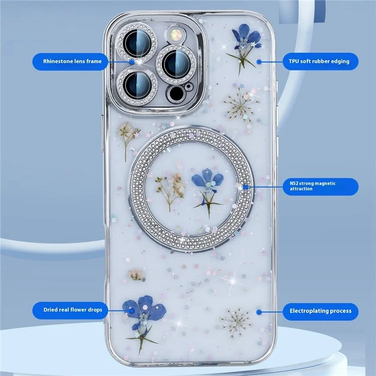 Para Iphone 16 Pro Max Magnetic Case PC+TPU Epoxy Real Seca Flower Cover Cover - Lobelia Erinus
