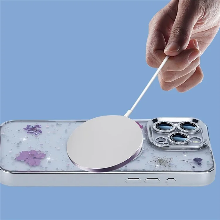 Para Iphone 16 Pro Max Magnetic Case PC+TPU Epoxy Real Seca Flower Cover Cover - Lobelia Erinus