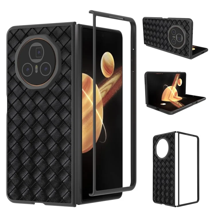 Custodia per telefono cellulare Honor Magic V3 5G con texture intrecciata in pelle PU e PC rivestito - Nero