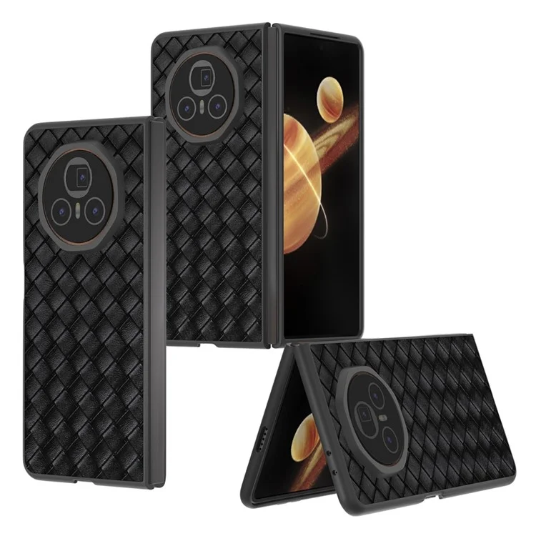 Custodia per telefono cellulare Honor Magic V3 5G con texture intrecciata in pelle PU e PC rivestito - Nero