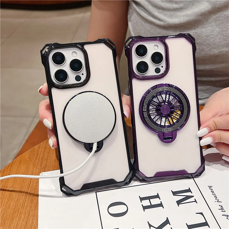 Pour Iphone 16 Pro Magnetic Case Gyroscope Kickstand Acrylique + TPU Téléphone Courne Renforce - Noir