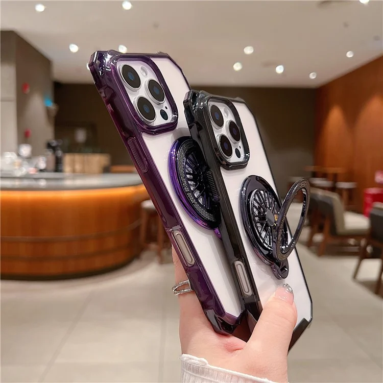 Pour Iphone 16 Pro Magnetic Case Gyroscope Kickstand Acrylique + TPU Téléphone Courne Renforce - Noir
