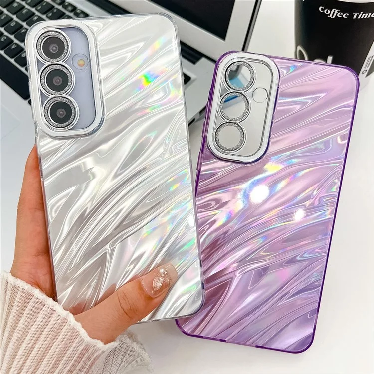 Para Samsung Galaxy A55 5G Case IMD Design Capa de telefone à prova de choque PC+TPU com filme de lente de vidro - Padrão de ondulação / Roxo