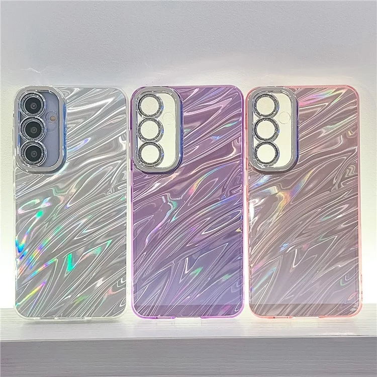 Para Samsung Galaxy A55 5G Case IMD Design Capa de telefone à prova de choque PC+TPU com filme de lente de vidro - Padrão de ondulação / Roxo