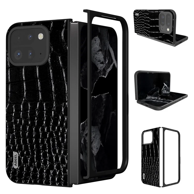ABEEL For Google Pixel 9 Pro Fold 5G Case Genuine Cow Leather Back Phone Cover Crocodile Texture - Black
