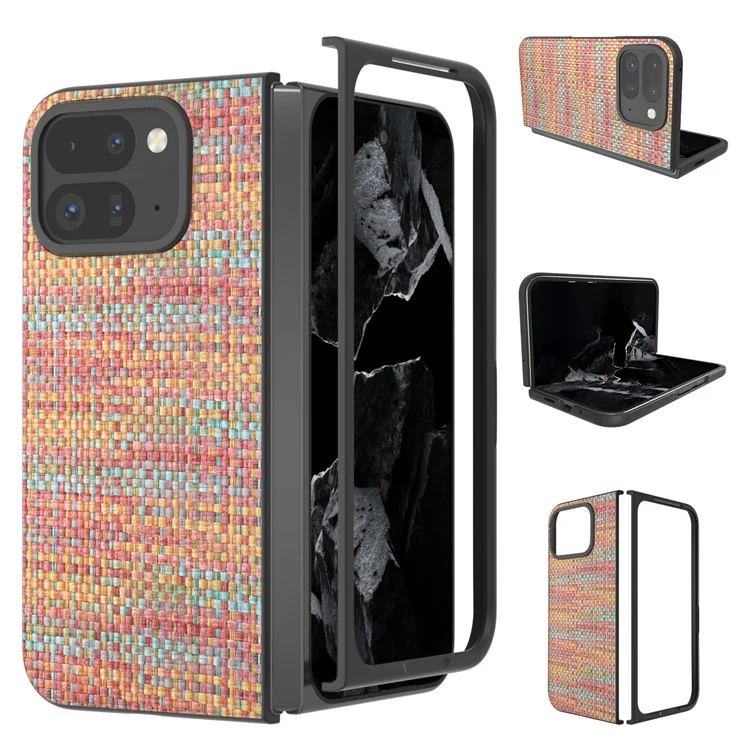 For Google Pixel 9 Pro Fold 5G Case Leather+PC Phone Cover Plaid Texture - Orange Red