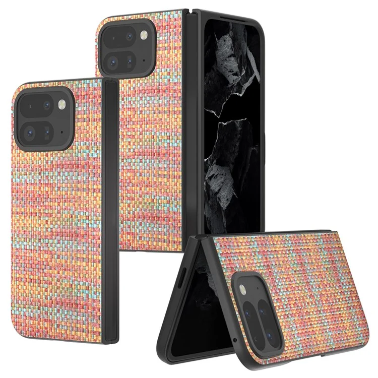 For Google Pixel 9 Pro Fold 5G Case Leather+PC Phone Cover Plaid Texture - Orange Red