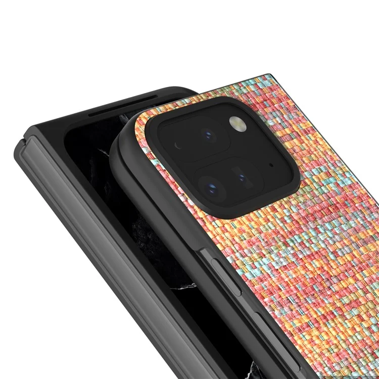 For Google Pixel 9 Pro Fold 5G Case Leather+PC Phone Cover Plaid Texture - Orange Red