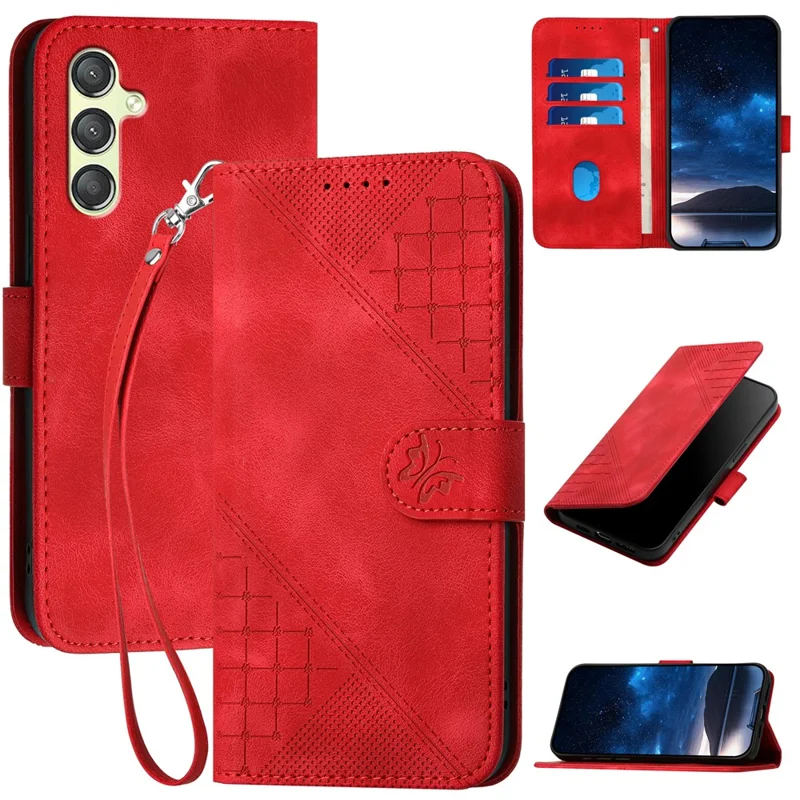 For Samsung Galaxy A24 4G (162.1mm) Leather Wallet Case Butterfly Flower Imprinted Phone Cover with Strap - Red