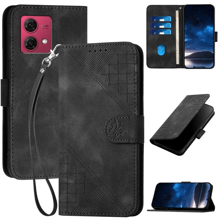For Motorola Moto G84 5G Leather Wallet Case Butterfly Flower Imprinted Phone Cover with Strap - Black