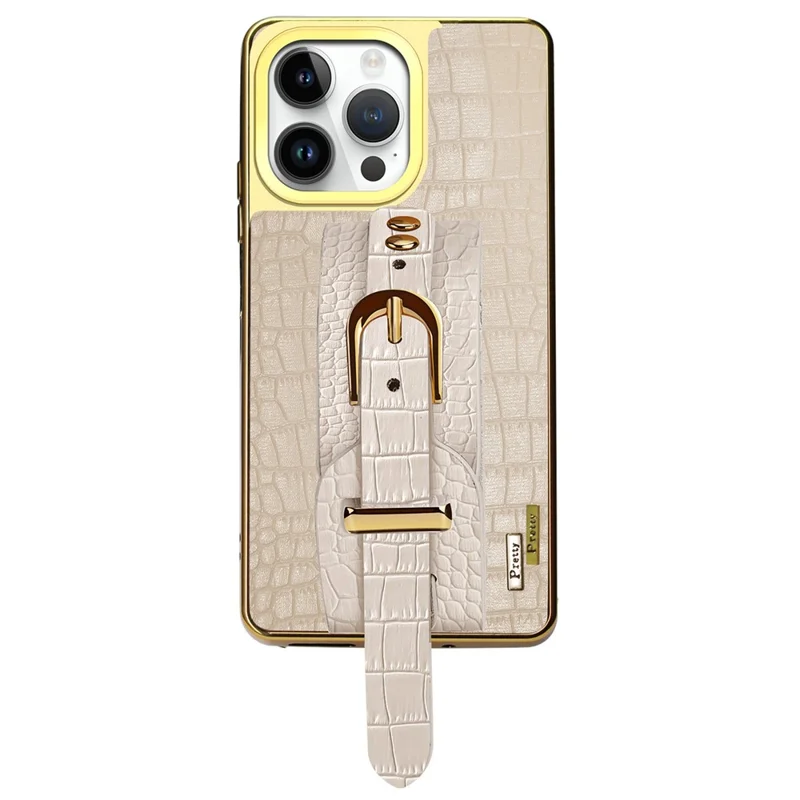 Pour Iphone 16 Pro Case Crocodile Texture PU Leather + Tpu Electroplasage Téléphone Cover Wristband Kickstand - Blanc