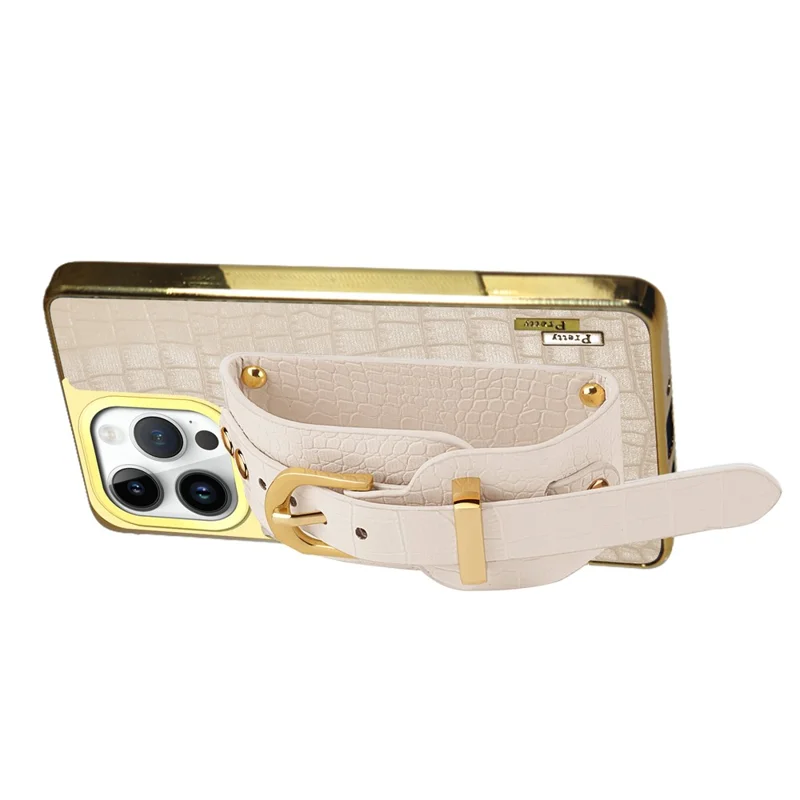 Pour Iphone 16 Pro Case Crocodile Texture PU Leather + Tpu Electroplasage Téléphone Cover Wristband Kickstand - Blanc