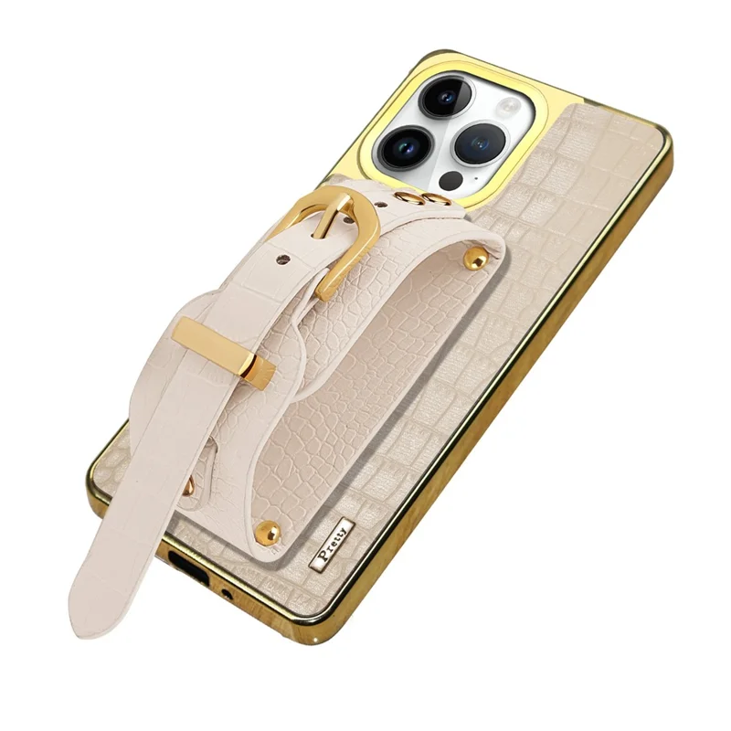 Pour Iphone 16 Pro Case Crocodile Texture PU Leather + Tpu Electroplasage Téléphone Cover Wristband Kickstand - Blanc