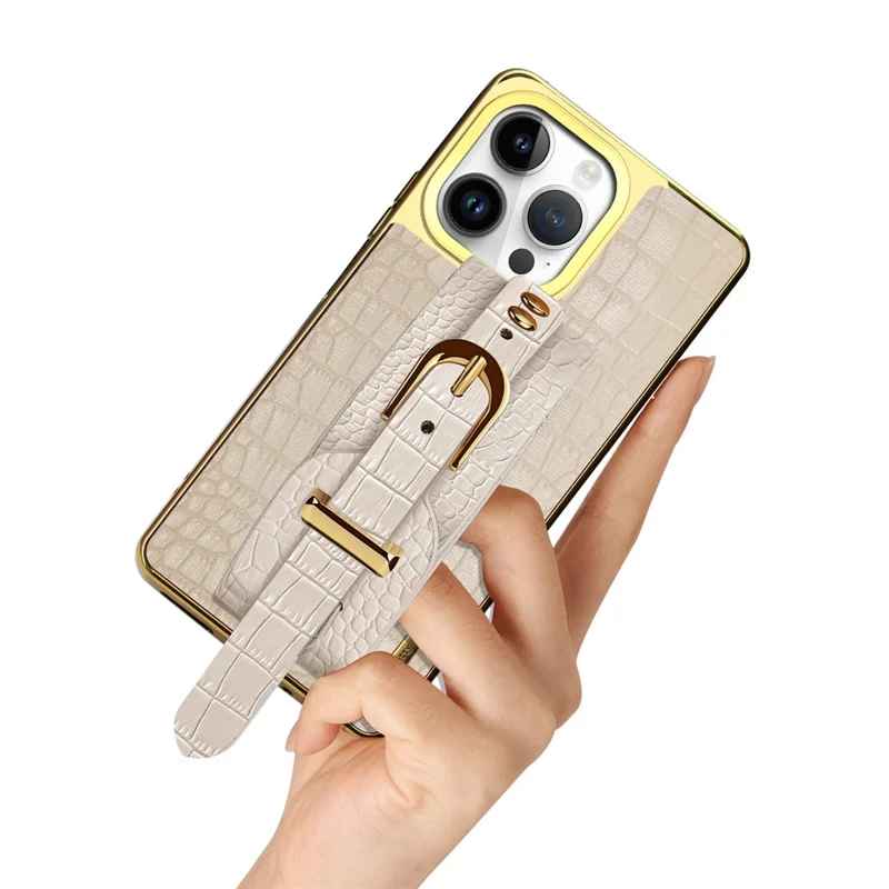 Pour Iphone 16 Pro Case Crocodile Texture PU Leather + Tpu Electroplasage Téléphone Cover Wristband Kickstand - Blanc