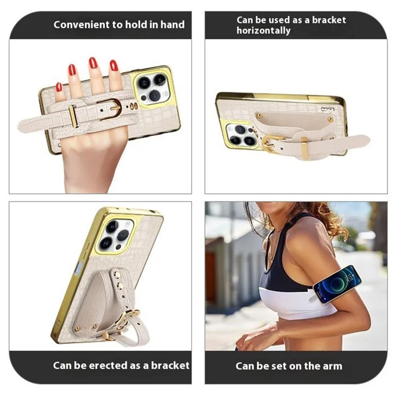 Pour Iphone 16 Pro Case Crocodile Texture PU Leather + Tpu Electroplasage Téléphone Cover Wristband Kickstand - Blanc