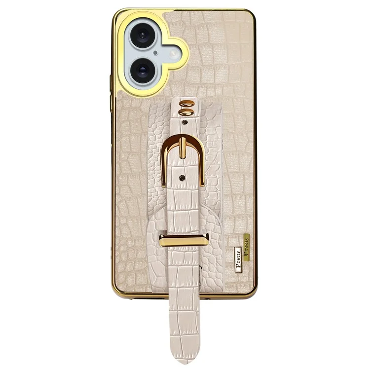 Pour Iphone 16 Case Crocodile Texture PU Leather + Tpu Electroplasage Téléphone Cover Wristband Kickstand - Blanc