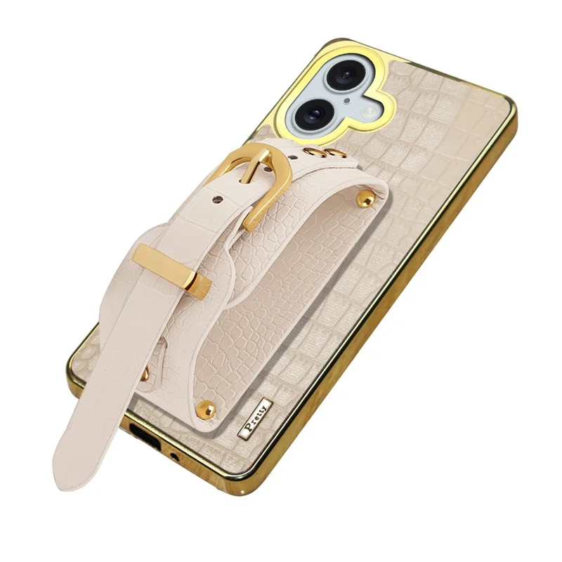 Pour Iphone 16 Case Crocodile Texture PU Leather + Tpu Electroplasage Téléphone Cover Wristband Kickstand - Blanc