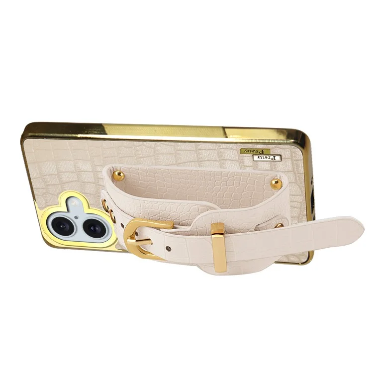 Para Iphone 16 Plus Case Crocodile Texture PU Leather+TPU Electroplating Telep Cover Welpband Kickstand - Blanco