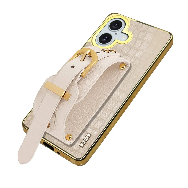 Para Iphone 16 Plus Case Crocodile Texture PU Leather+TPU Electroplating Telep Cover Welpband Kickstand - Blanco
