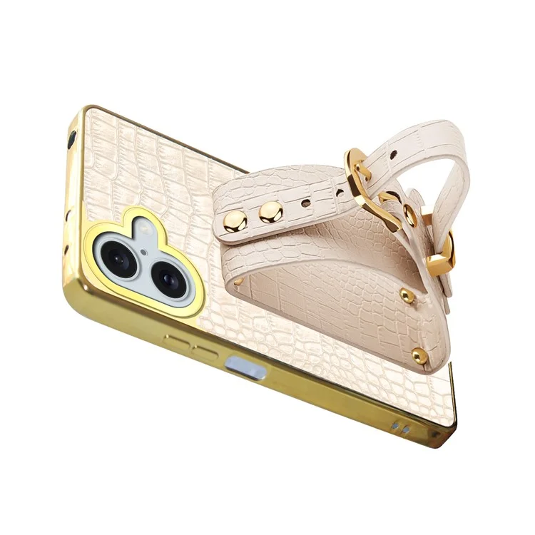 Para Iphone 16 Plus Case Crocodile Texture PU Leather+TPU Electroplating Telep Cover Welpband Kickstand - Blanco