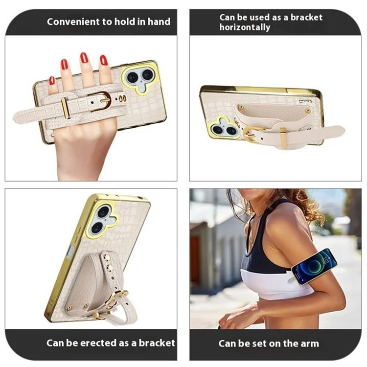 Para Iphone 16 Plus Case Crocodile Texture PU Leather+TPU Electroplating Telep Cover Welpband Kickstand - Blanco