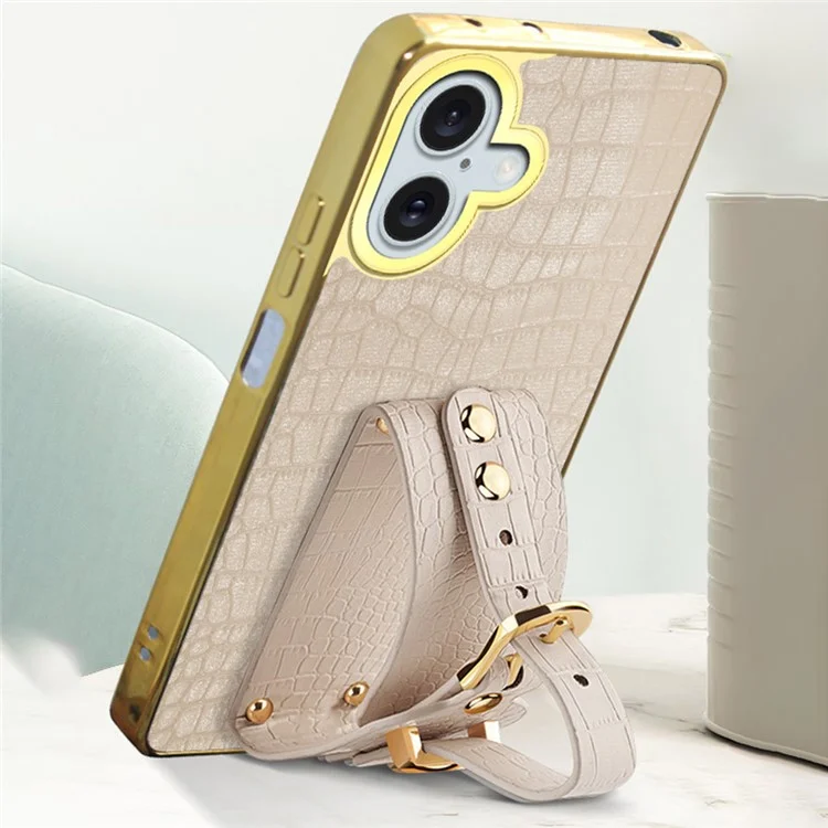 Para Iphone 16 Plus Case Crocodile Texture PU Leather+TPU Electroplating Telep Cover Welpband Kickstand - Blanco