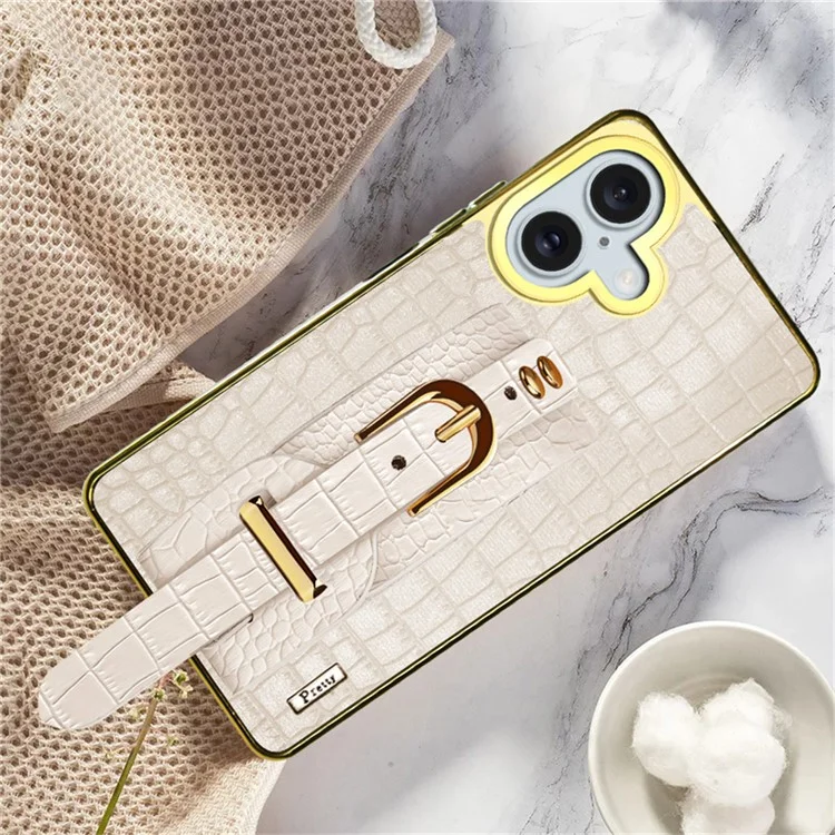 Para Iphone 16 Plus Case Crocodile Texture PU Leather+TPU Electroplating Telep Cover Welpband Kickstand - Blanco