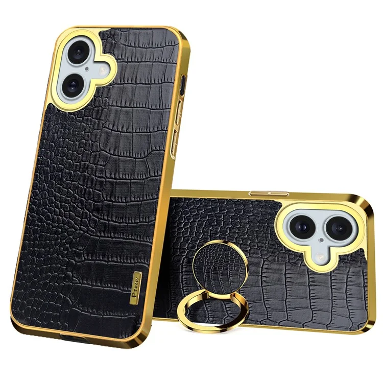 Para Iphone 16 Case Crocodile Texture Leather+TPU Electroplating Telep Cover Con Kickstand - Negro