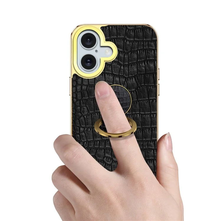 Para Iphone 16 Case Crocodile Texture Leather+TPU Electroplating Telep Cover Con Kickstand - Negro