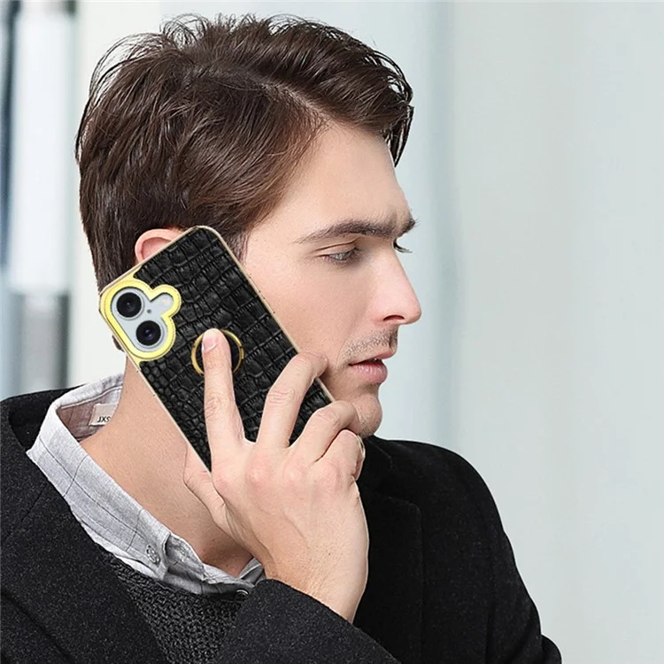 Para Iphone 16 Case Crocodile Texture Leather+TPU Electroplating Telep Cover Con Kickstand - Negro