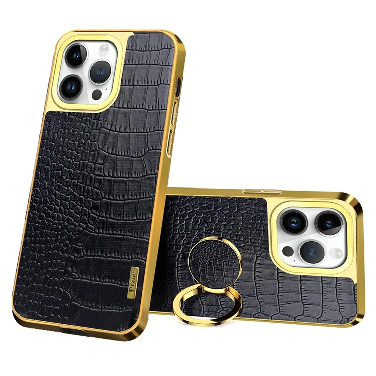 Para Iphone 16 Pro Case Crocodile Texture Leather+TPU Electroplating Telep Cover Con Kickstand - Negro