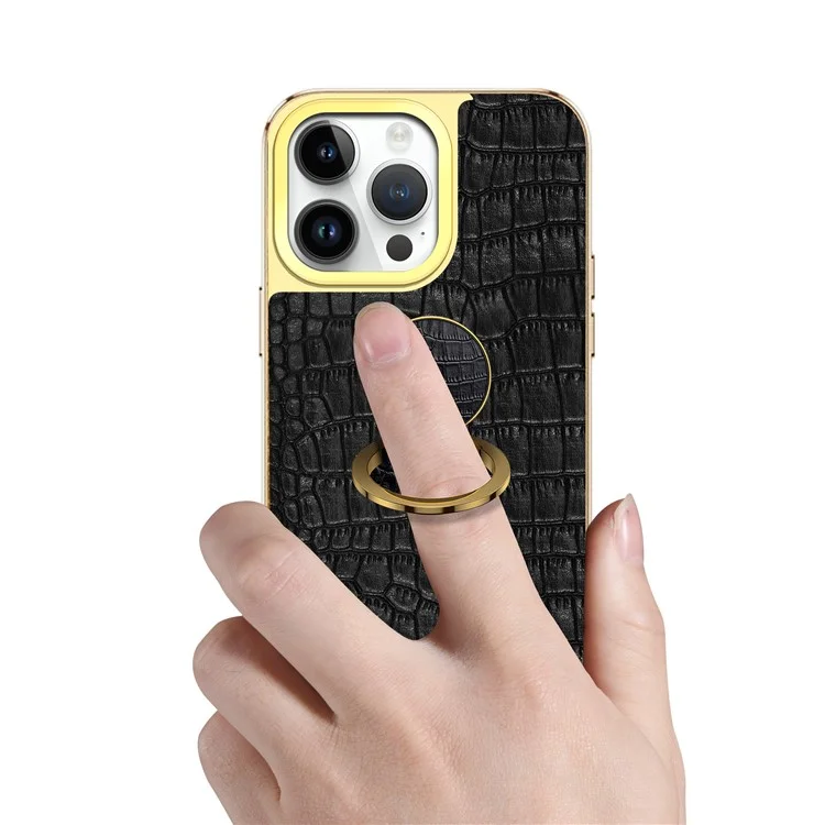 Para Iphone 16 Pro Case Crocodile Texture Leather+TPU Electroplating Telep Cover Con Kickstand - Negro