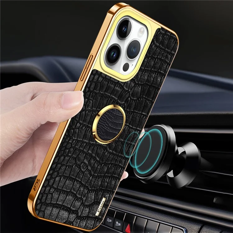 Para Iphone 16 Pro Case Crocodile Texture Leather+TPU Electroplating Telep Cover Con Kickstand - Negro