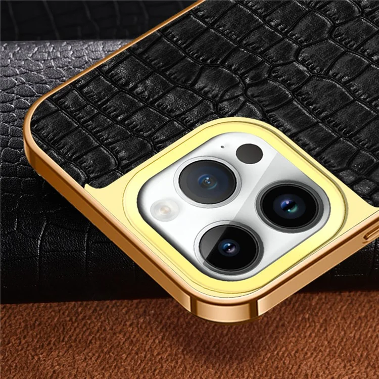 Para Iphone 16 Pro Case Crocodile Texture Leather+TPU Electroplating Telep Cover Con Kickstand - Negro