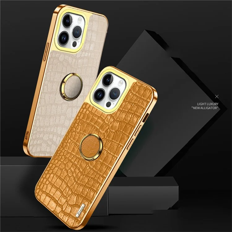 Para Iphone 16 Pro Case Crocodile Texture Leather+TPU Electroplating Telep Cover Con Kickstand - Negro
