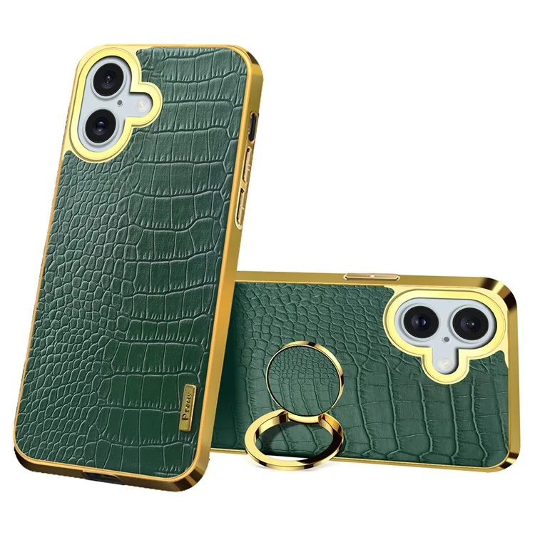 Para Iphone 16 Plus Case Crocodile Texture Leather+TPU Electroplating Telep Cover Con Kickstand - Verde