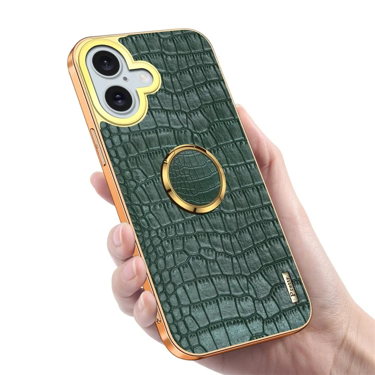 Para Iphone 16 Plus Case Crocodile Texture Leather+TPU Electroplating Telep Cover Con Kickstand - Verde
