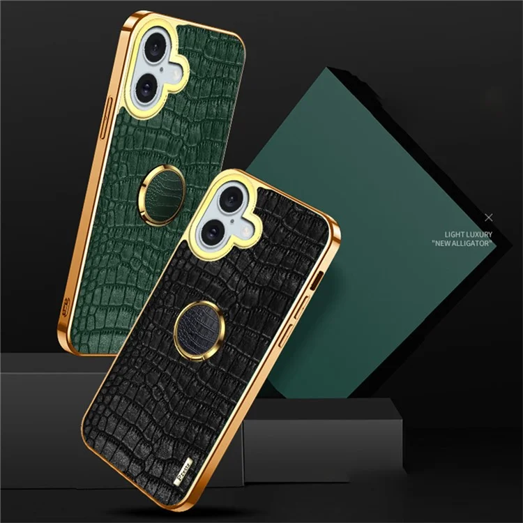 Para Iphone 16 Plus Case Crocodile Texture Leather+TPU Electroplating Telep Cover Con Kickstand - Verde