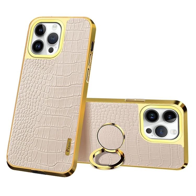 Для Iphone 16 Pro Max Case Crocodile Texture Leather+TPU Colectrating Phone Cope с Кольцевой Стендом - Белый