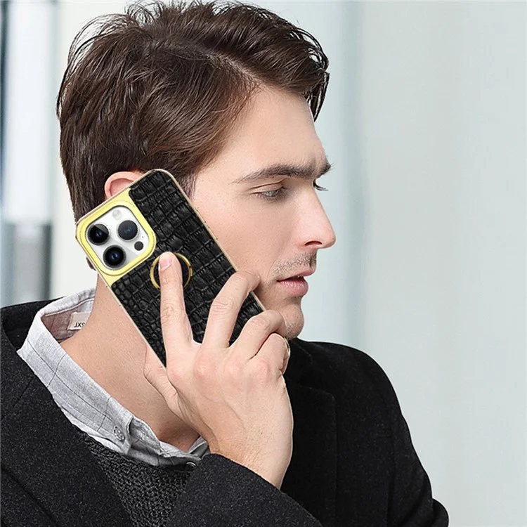 Для Iphone 16 Pro Max Case Crocodile Texture Leather+TPU Colectrating Phone Cope с Кольцевой Стендом - Белый