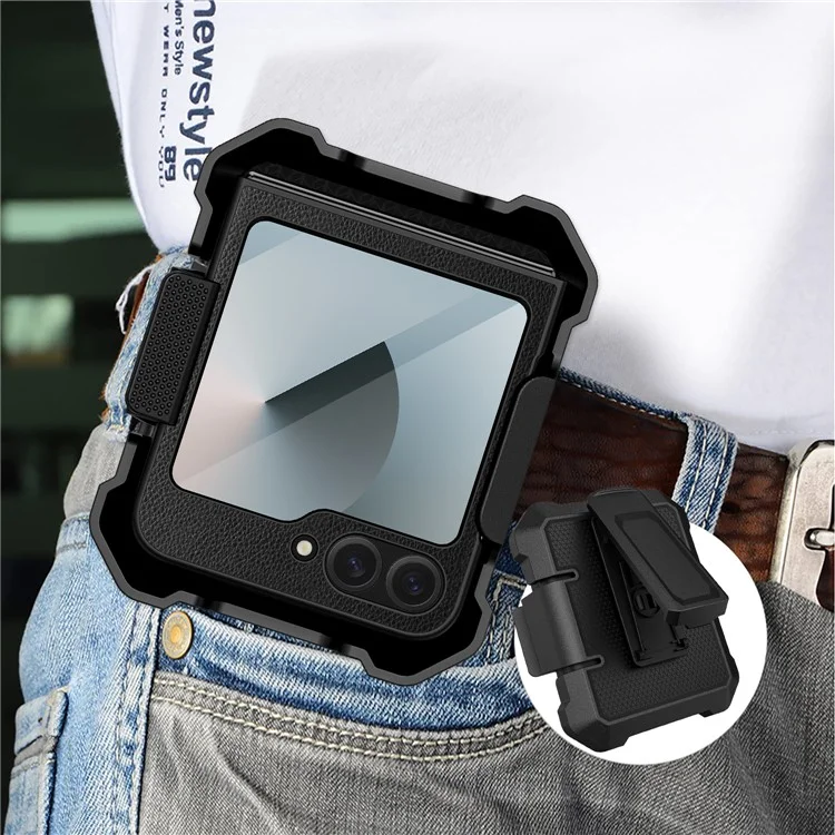 Para Samsung Galaxy Z Flip5 5G Case de Cuero+pc Telep Cover With Kickstand Back Clip - Negro