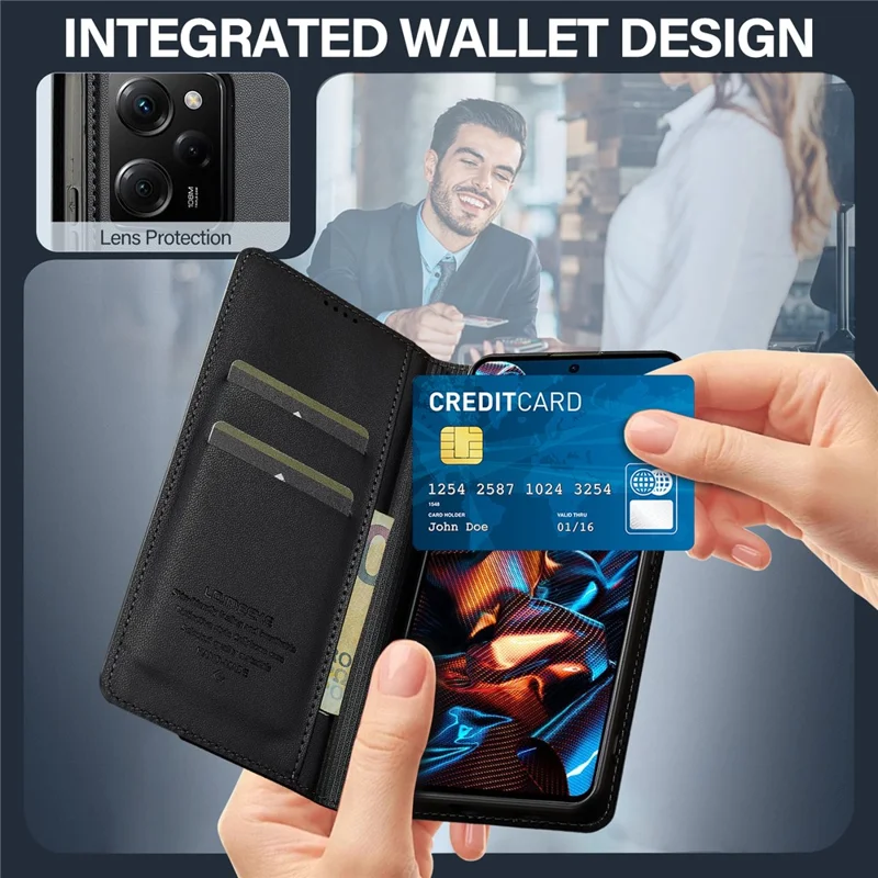 LC.IMEEKE L1 Series for Xiaomi Poco X5 Pro 5G / Redmi Note 12 Pro 5G Case PU Leather Wallet Stand Phone Cover - Black
