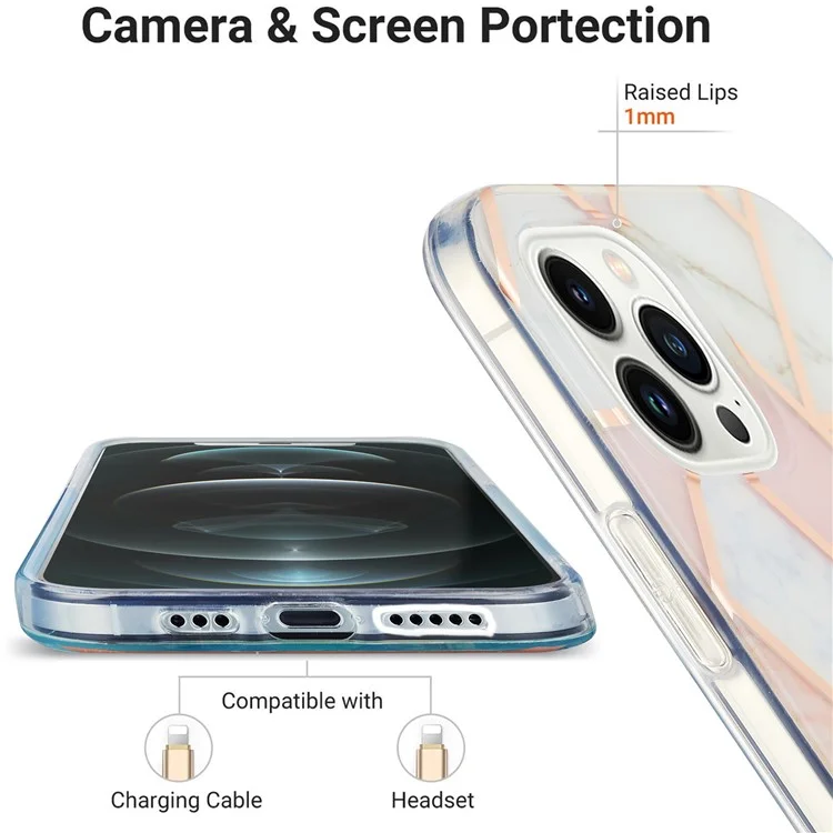 YB IMD Series-3 Para Iphone 16 Pro Max TPU Case Patrón de Mármol Contralada Por Teléfono Con Electrochas - Rosa / Blanco