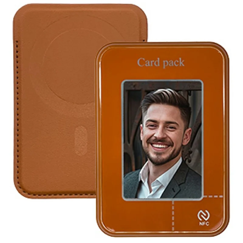 Four Color Display E Ink Card Holder PC+TPU NFC Projection Magnetic E Ink Card Bag Wallet - Brown
