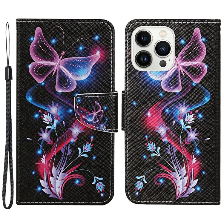 Für iPhone 16 Pro Case Pattern Printing Protective Leather Folio Phone Cover - Glowing Butterfly