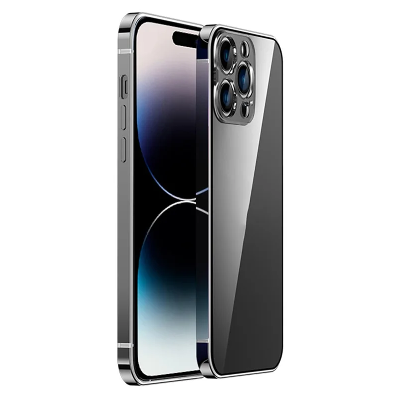 IM-CHEN Transparent PC Back Slim Phone Case for iPhone 14 Pro, Stainless Steel Frame Anti-drop Protective Cover - Black