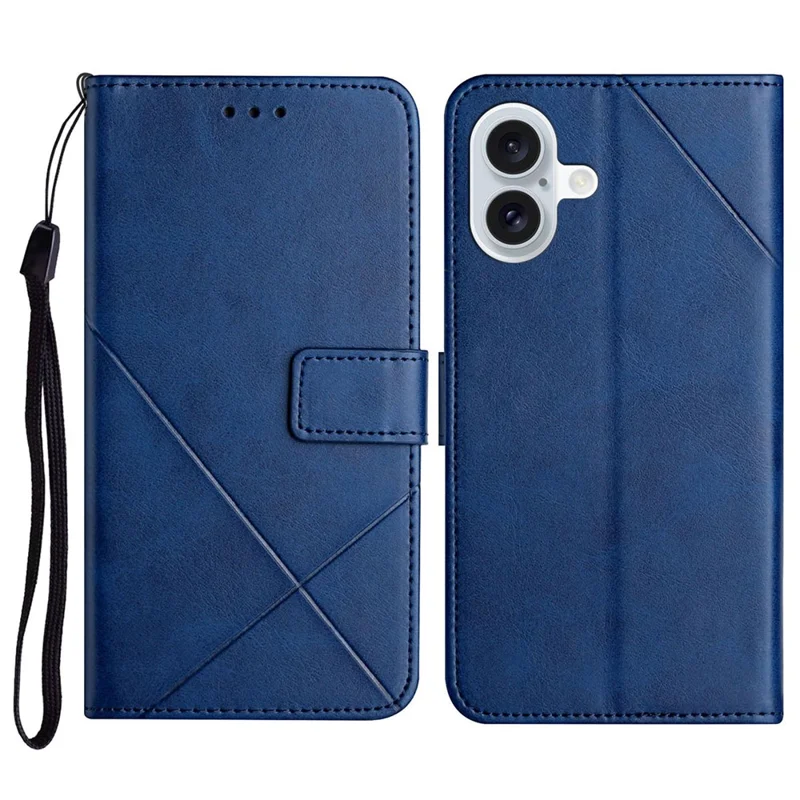 For iPhone 16 Leather Case Line Pattern Wallet Phone Cover - Blue