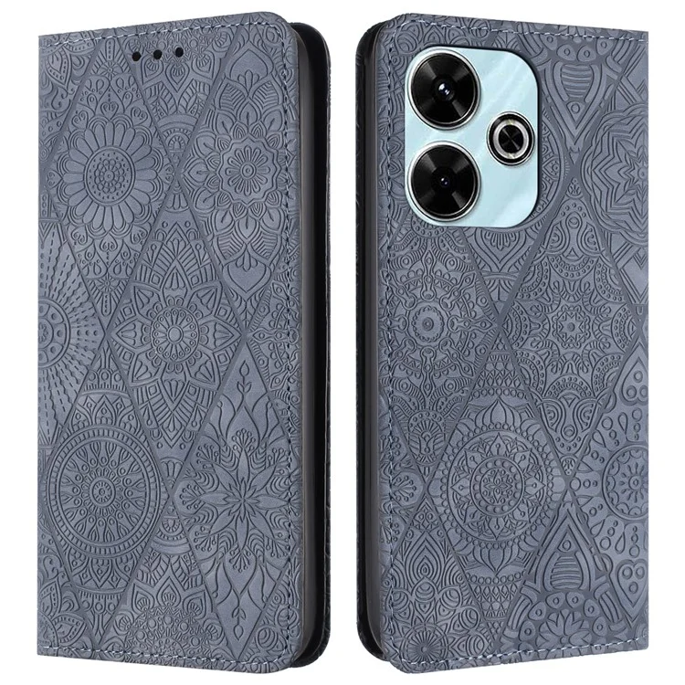 Für Xiaomi Redmi 13 5G / 13 4G Case Bedrucktes Blumen-Geldbörsen-Ständer-Lederetui - Grau